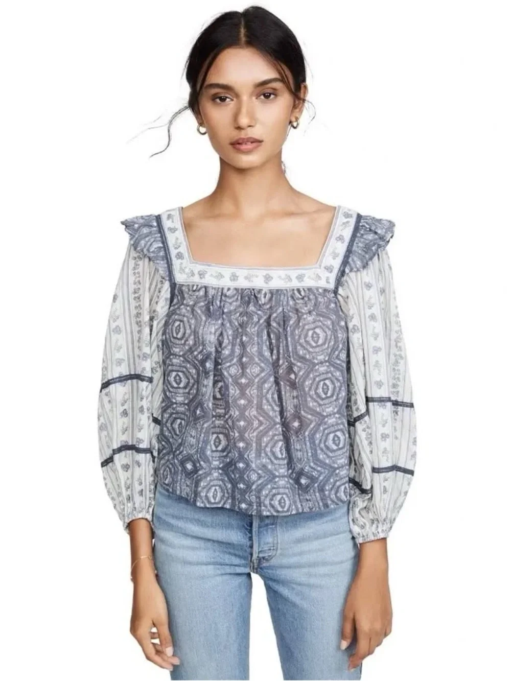 Free People Mostly Meadow Blouse Small Blue White Peasant Summer Cottagecore